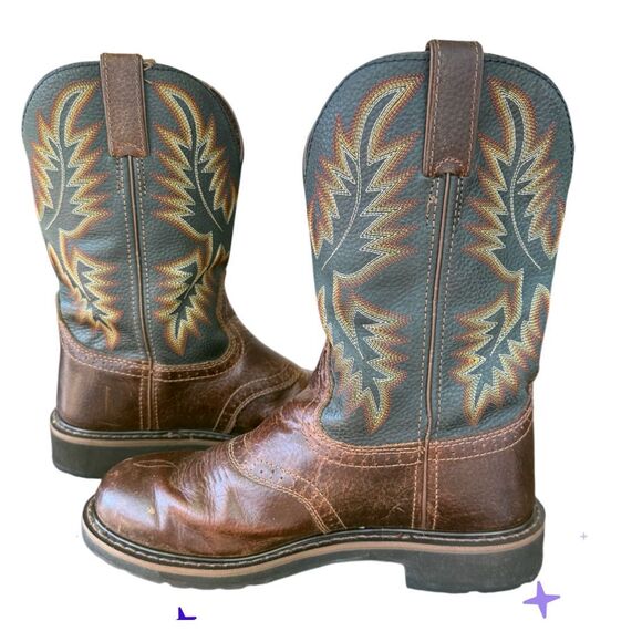 Justin Stampede Boots Work Mens 9.5 Brown Black WK4665 Leather Western Cowboy - Picture 9 of 16